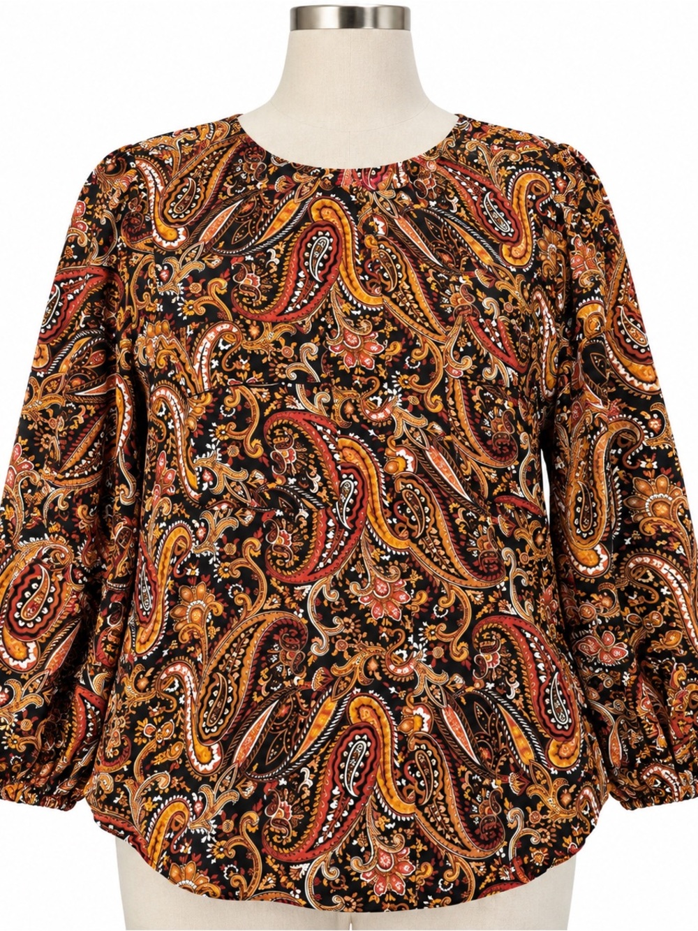 Jones New York Black Paisley Long Sleeve Blouse with Mustard & Rust
